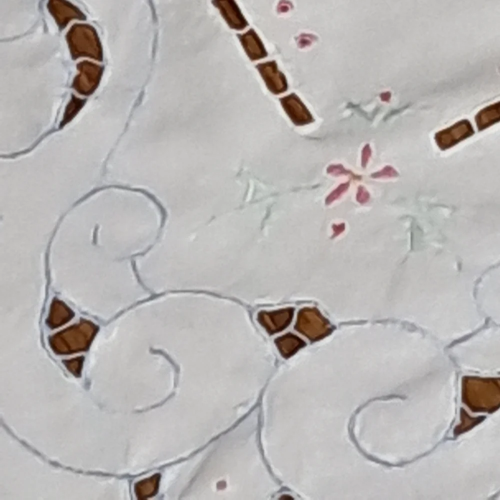 Vintage Embroidered Shower Curtain Pink Floral Cutwork Cottage Chic Linen Look